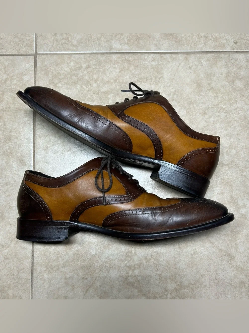 VTG Johnston & Murphy made in Italy Two-Tone Wingtip Brogue Oxford 10M Brown/Tan